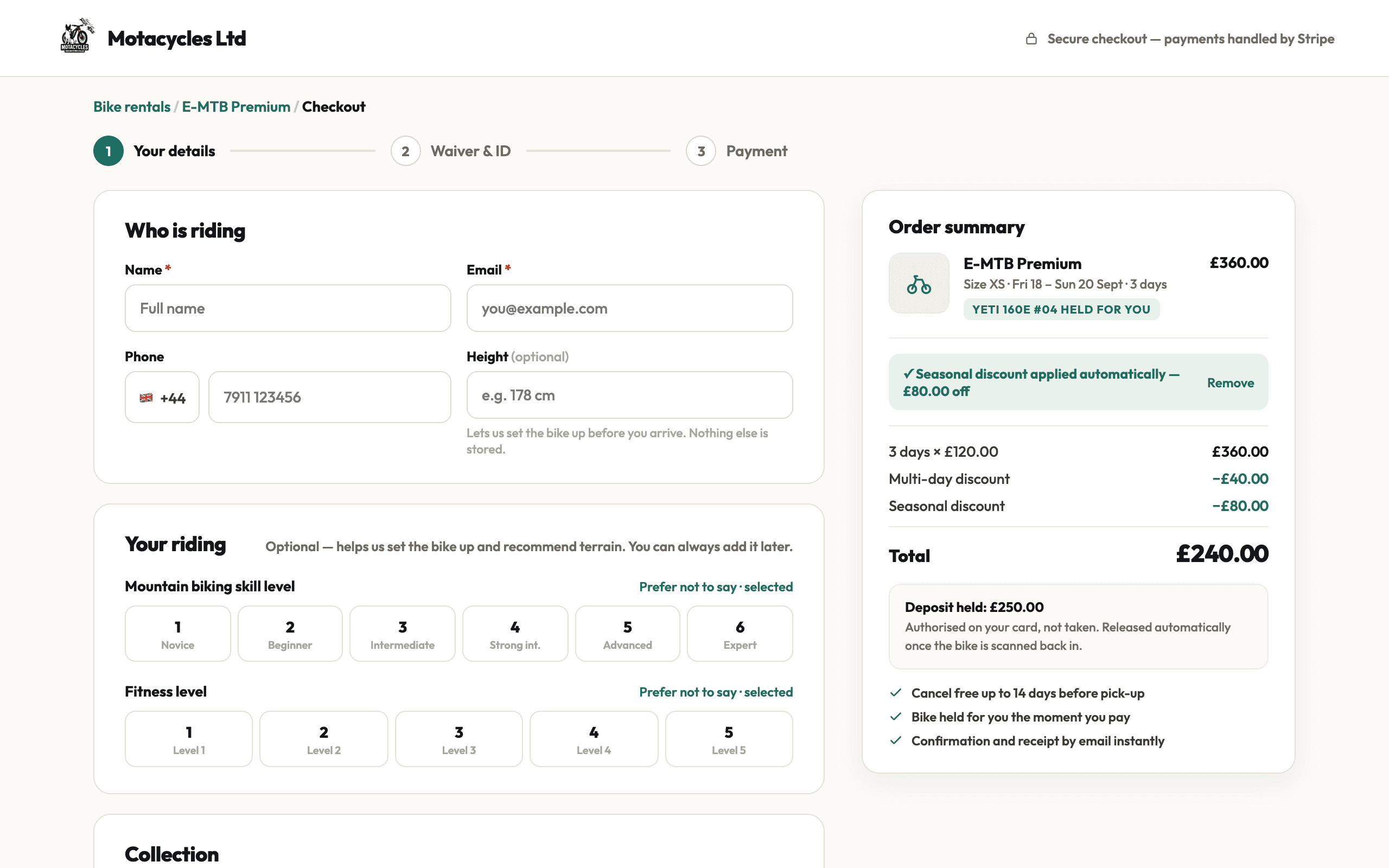RideLoop checkout: the deposit is an authorisation hold on the card, released automatically once the bike is checked back in.