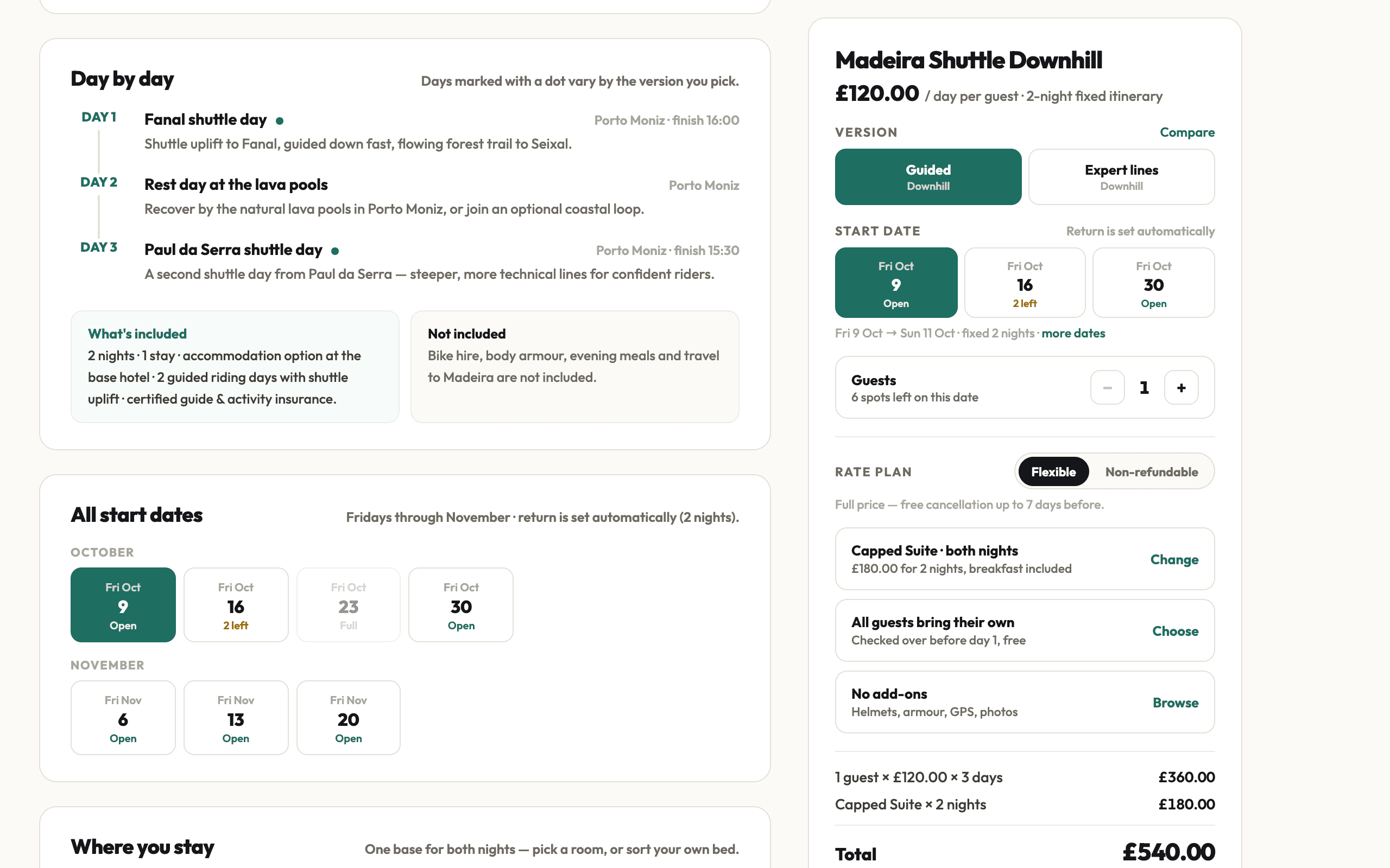 A RideLoop holiday page: the day-by-day itinerary, what’s included and what isn’t, and every start date.