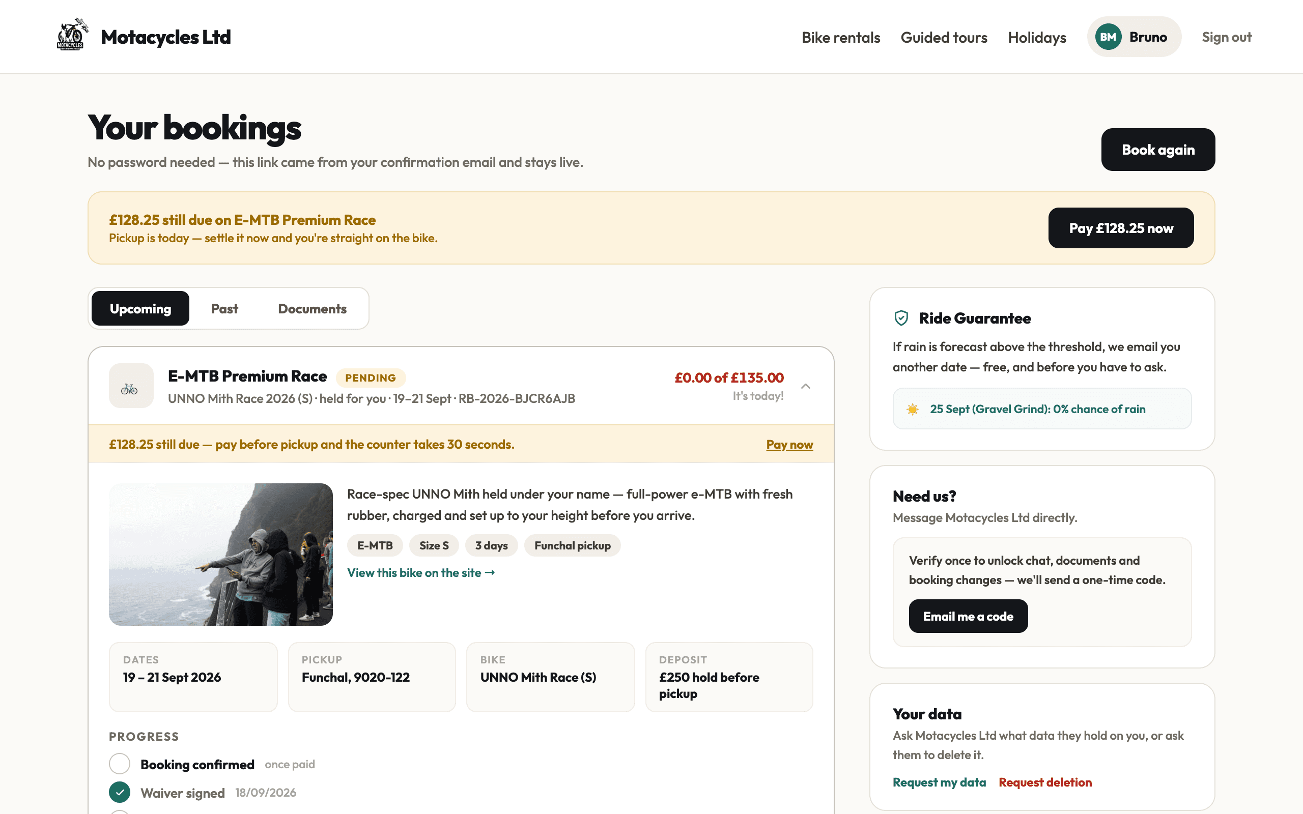 The guest’s booking page in RideLoop, with the Ride Guarantee forecast check shown alongside the booking.