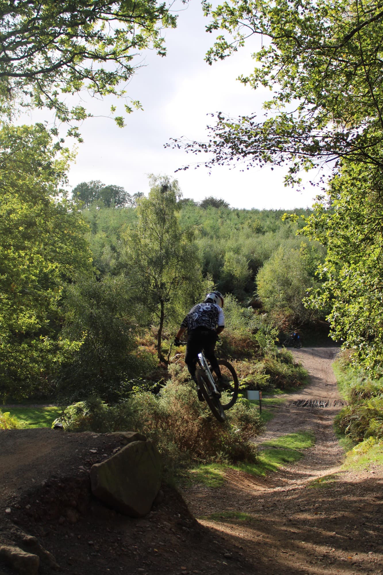 A rider in the air off a jump on a forest trail