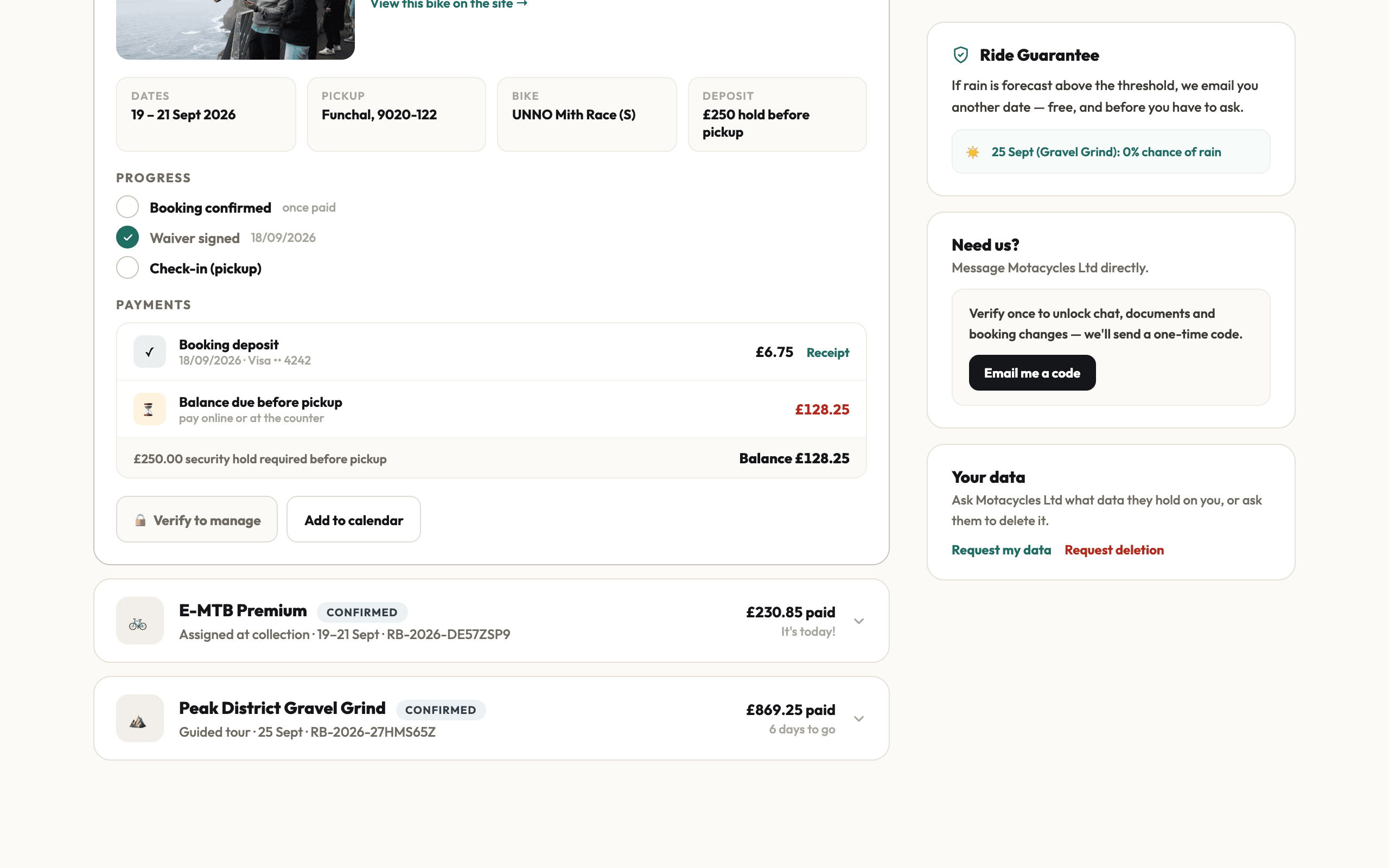 The guest’s booking page in RideLoop shows each step, including whether the waiver is signed, before the day.