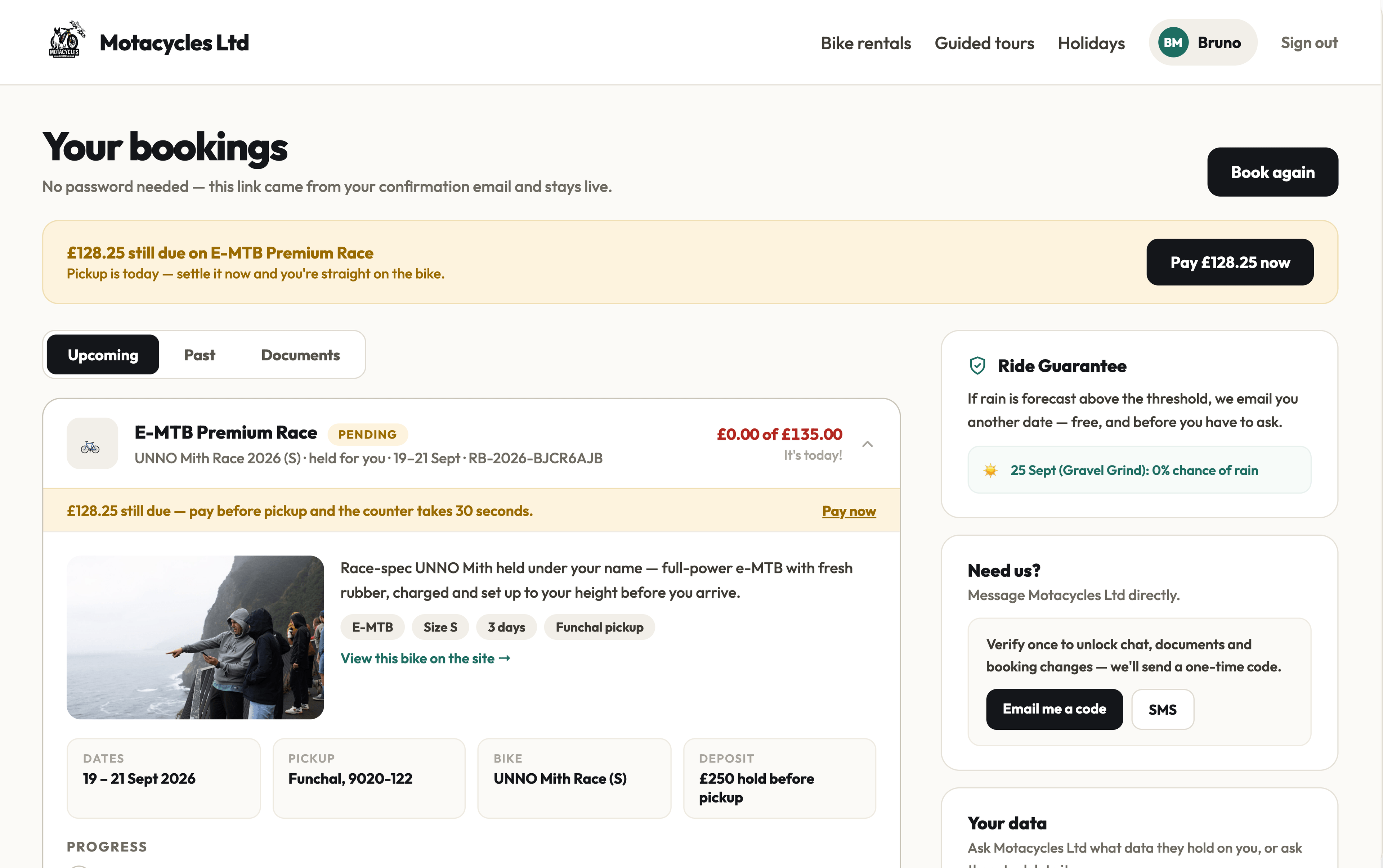 A guest's customer portal, with balance, waiver and insurance options.