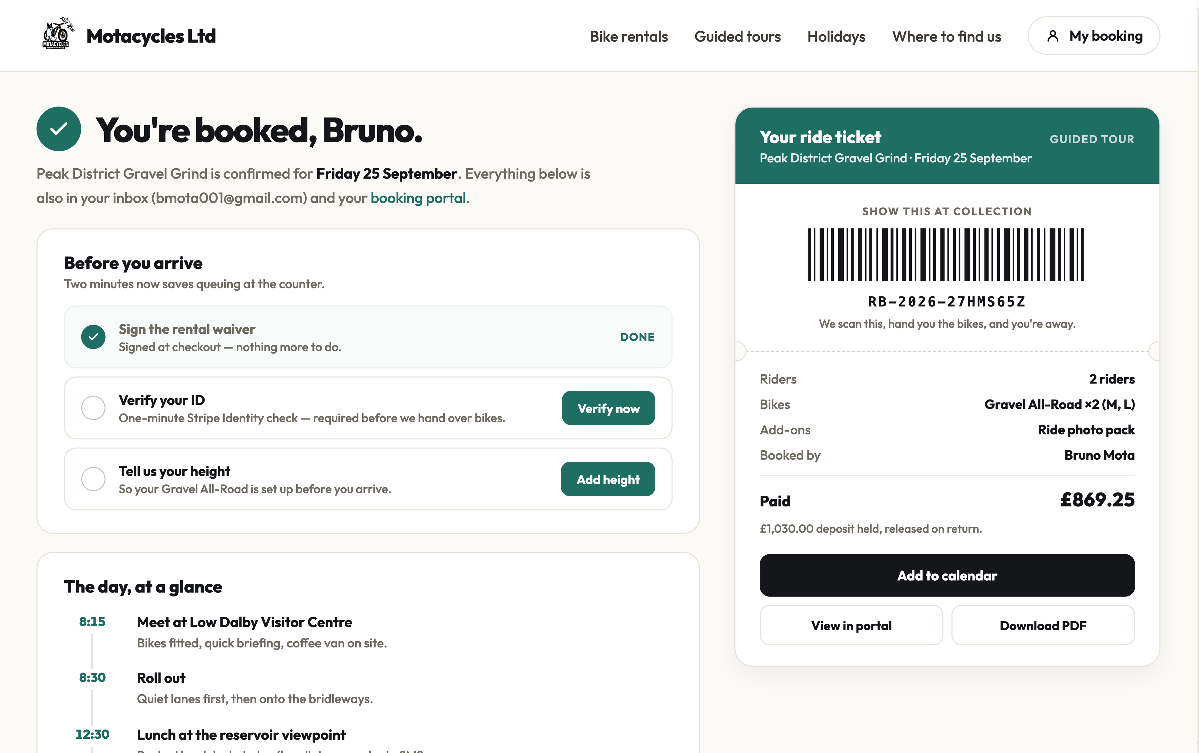 A booking confirmation with a barcode ticket.