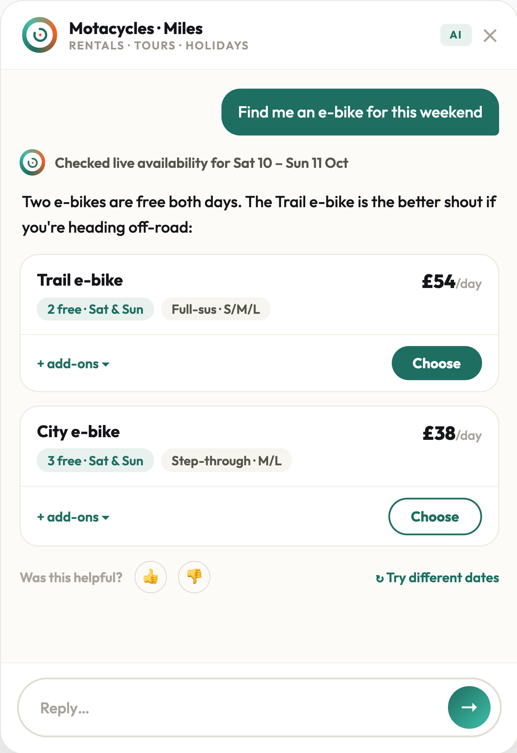 A guest asks Miles to find an e-bike for the weekend. Miles checks live availability and proposes a Trail e-bike at £54 a day and a City e-bike at £38 a day, both with free stock for Saturday and Sunday.