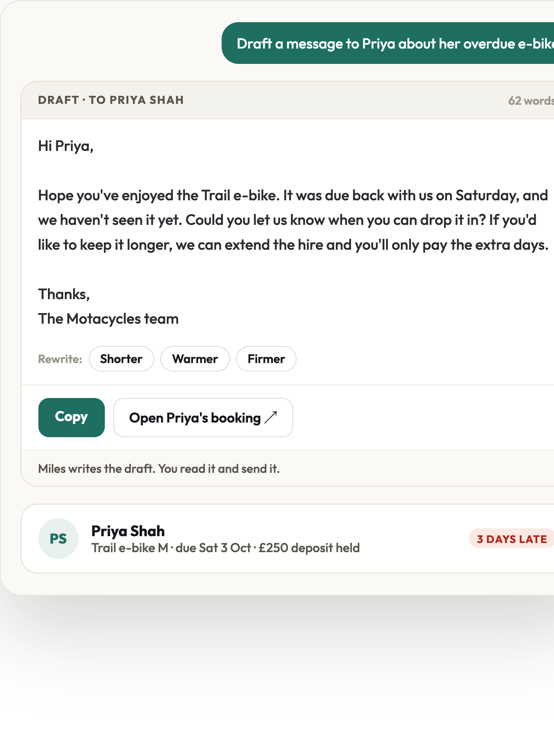 A staff member asks Miles to draft a message to a guest, Priya Shah, about her overdue e-bike. Miles drafts a friendly reminder and offers to shorten, warm up or firm up the tone — the staff member copies it or opens the booking, nothing sends automatically.