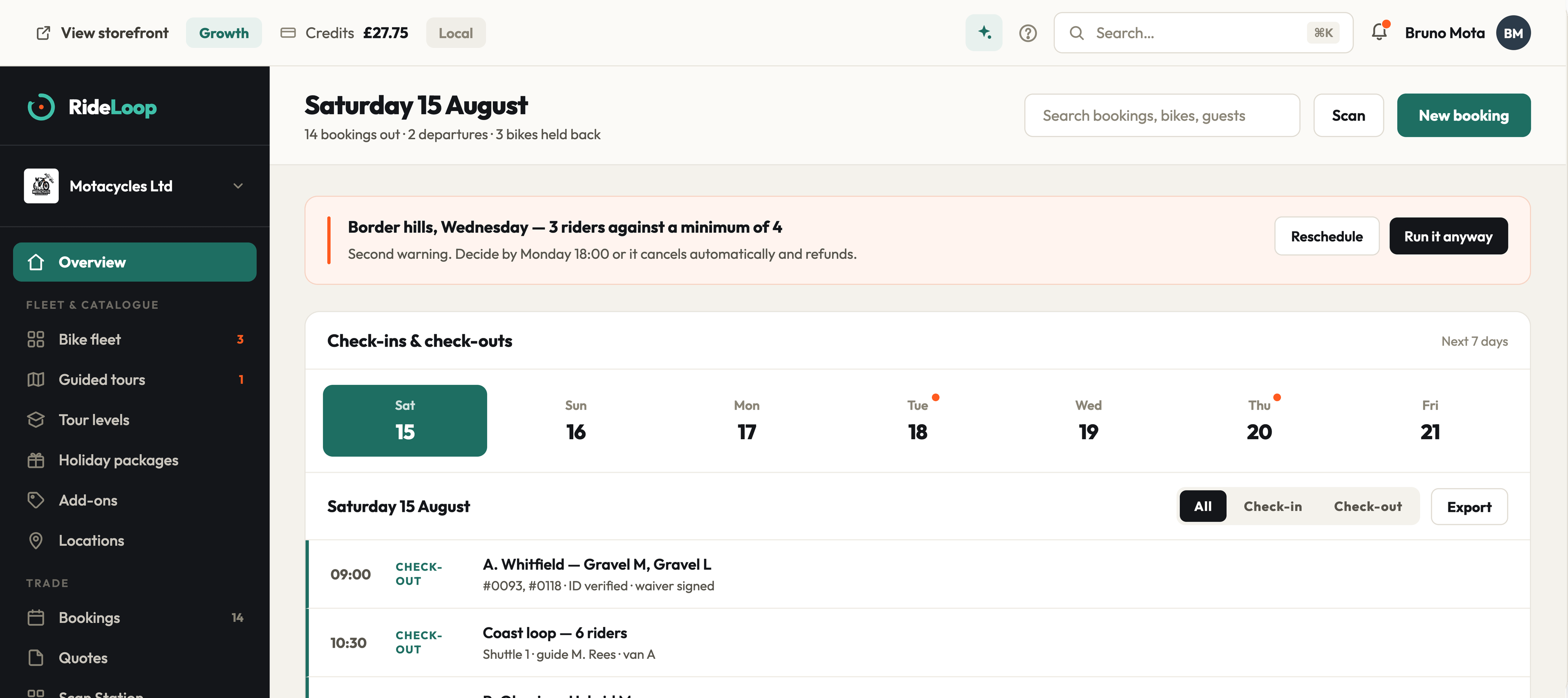 The RideLoop operator dashboard.