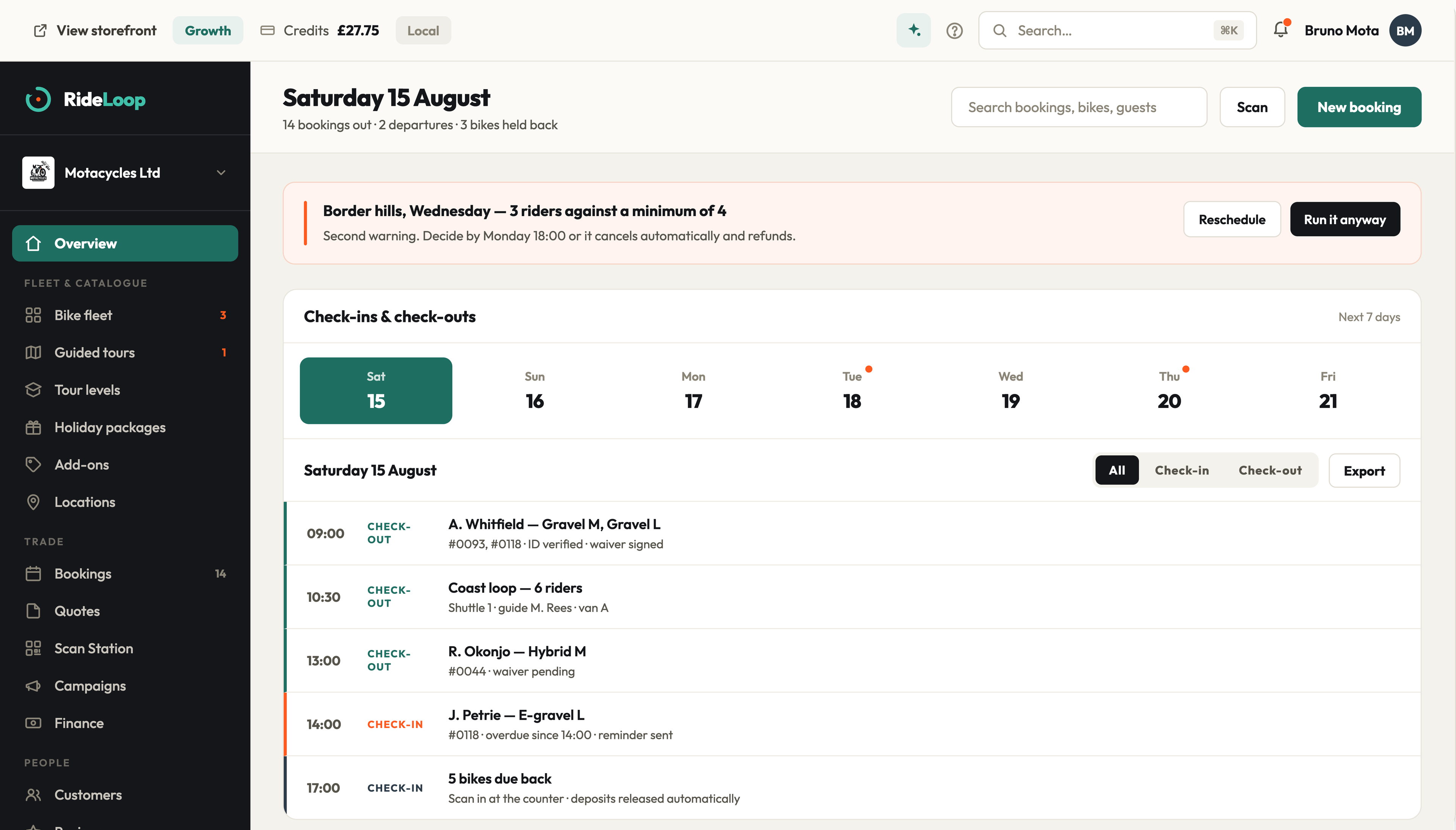 The RideLoop operator dashboard.
