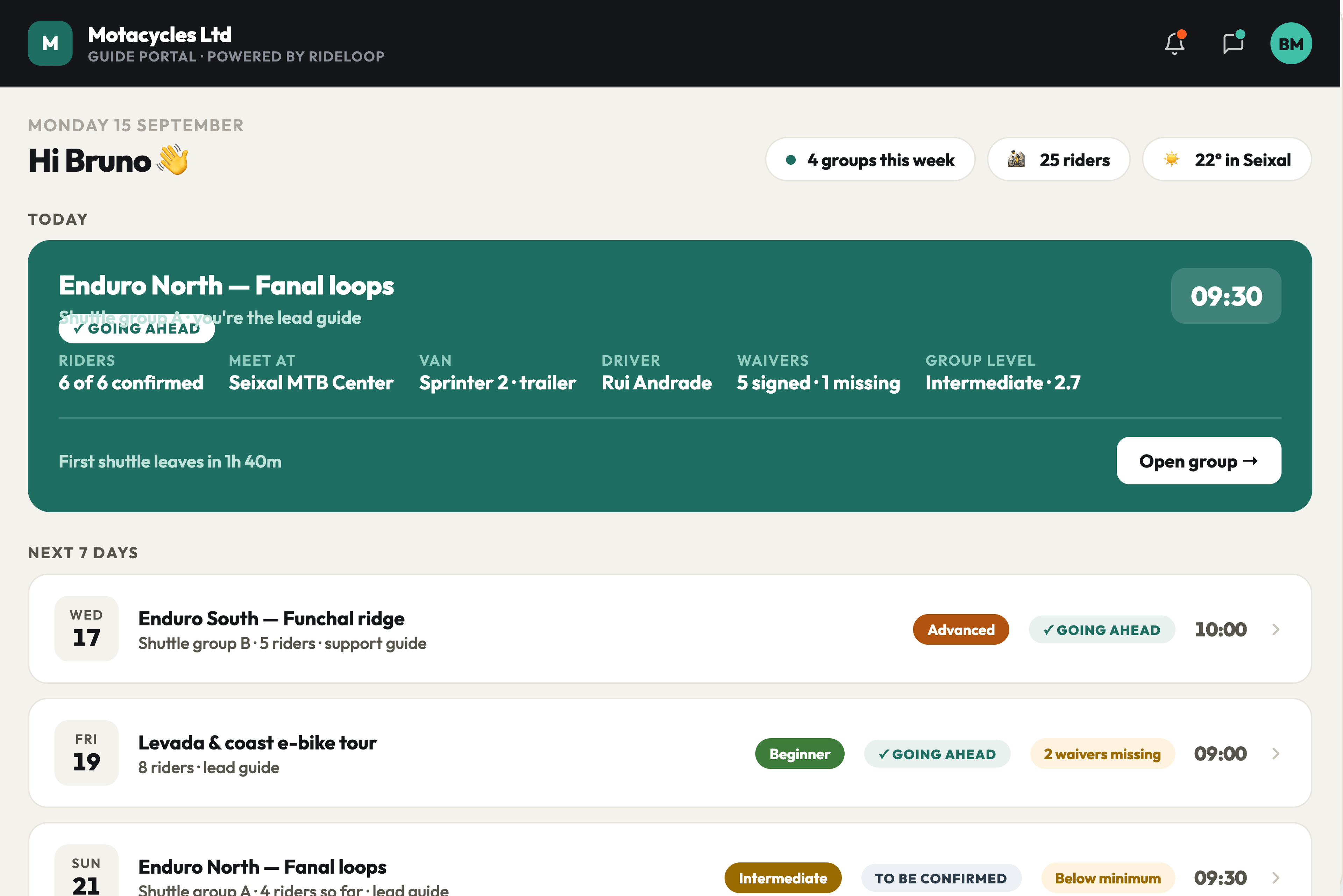 The RideLoop Guide Portal — a guide’s own day, riders and waivers.