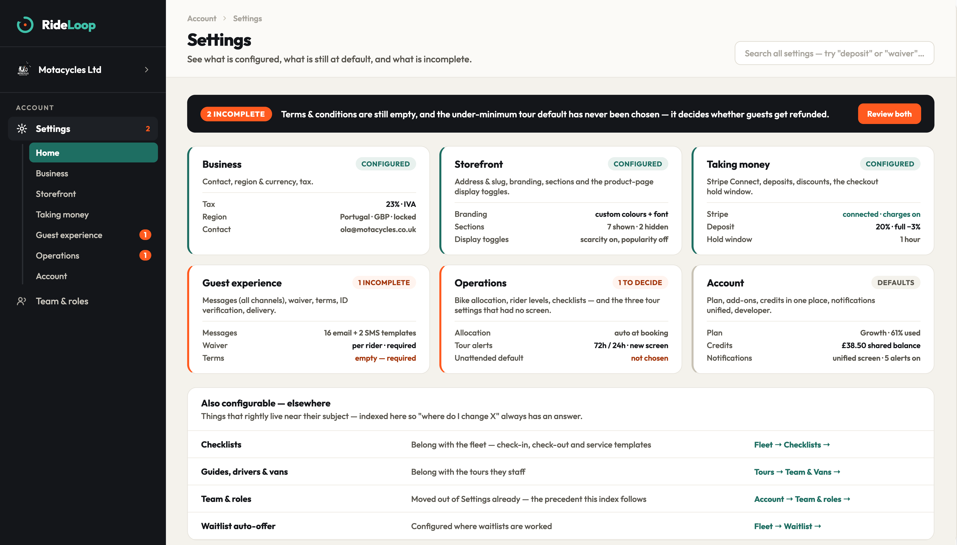 The RideLoop Settings Admin screen.