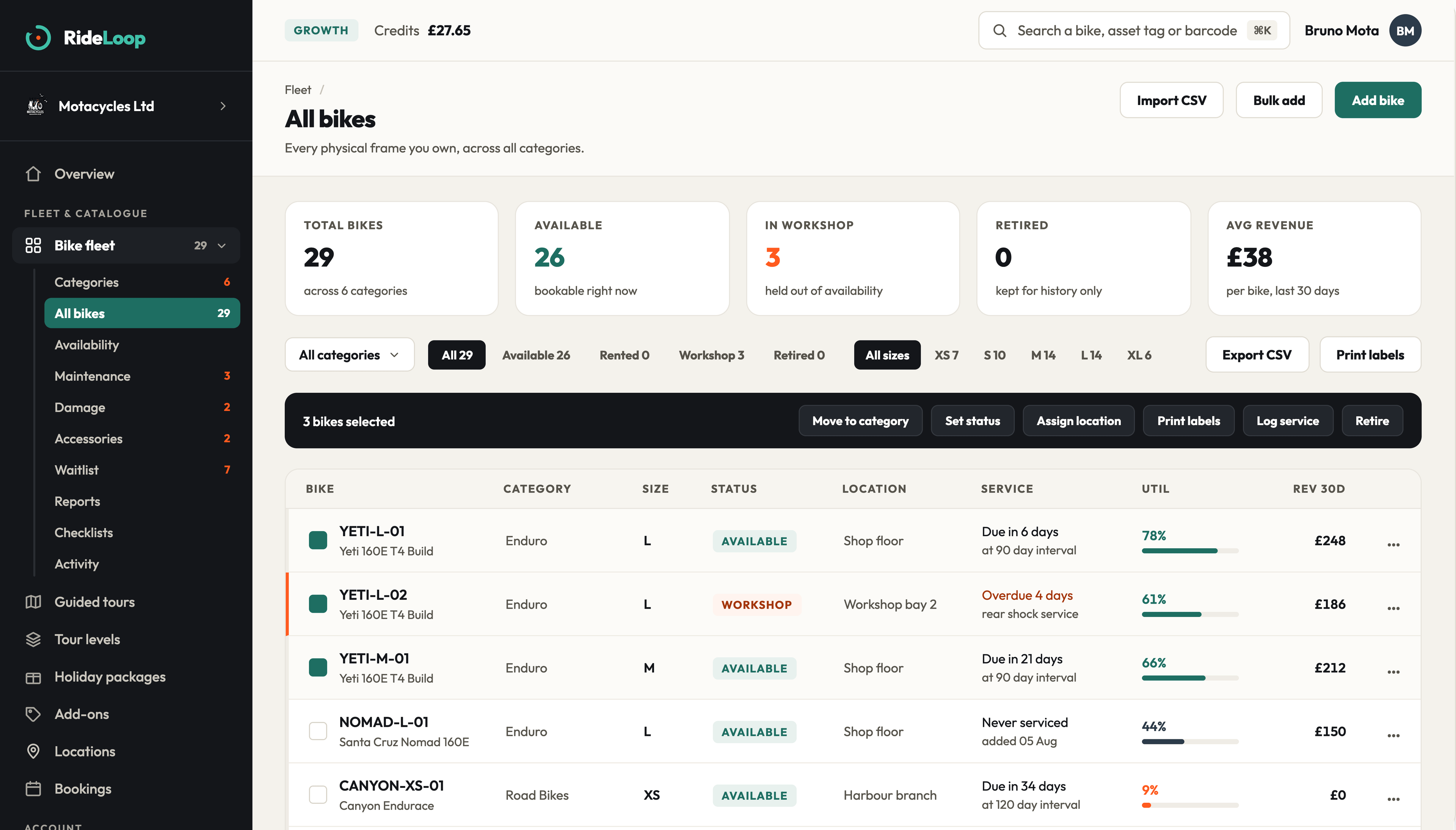 The RideLoop Fleet Admin bikes screen.