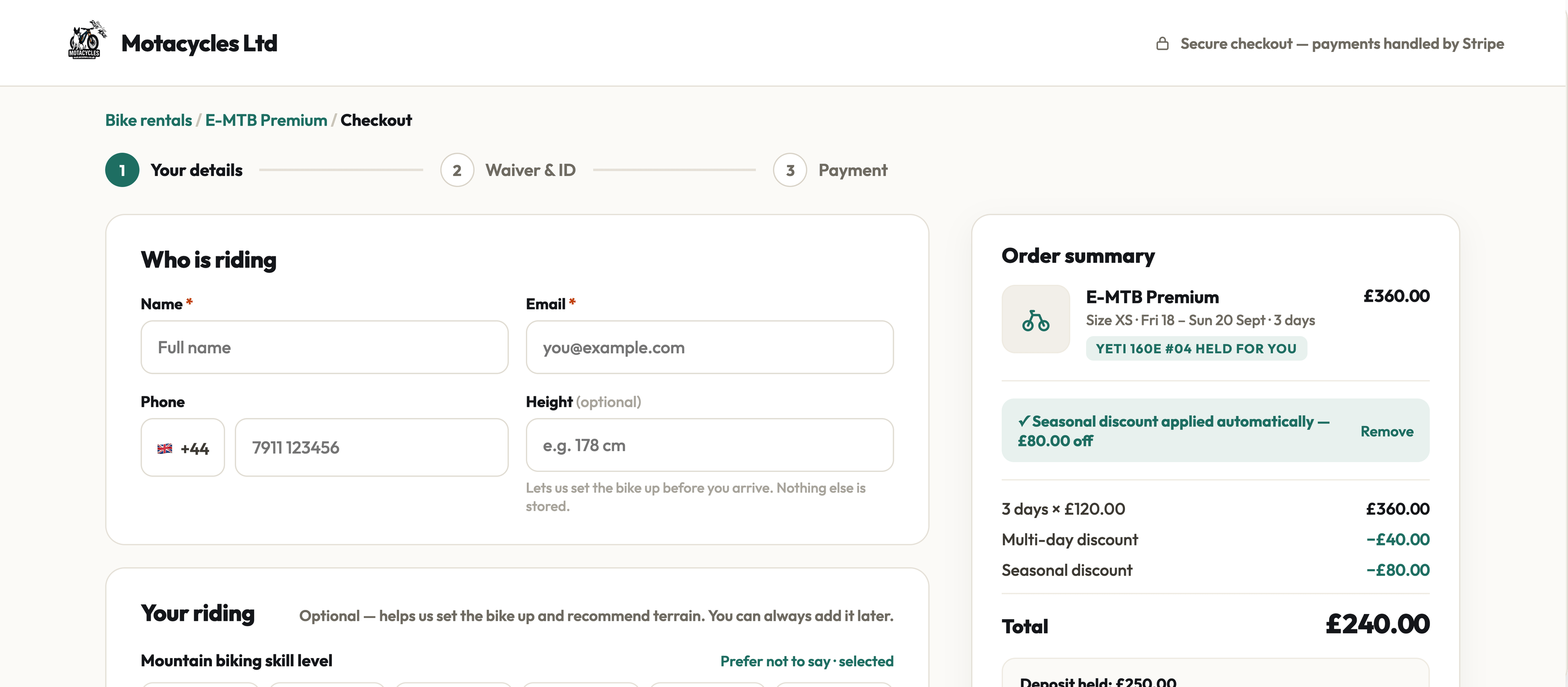 The RideLoop storefront checkout screen.