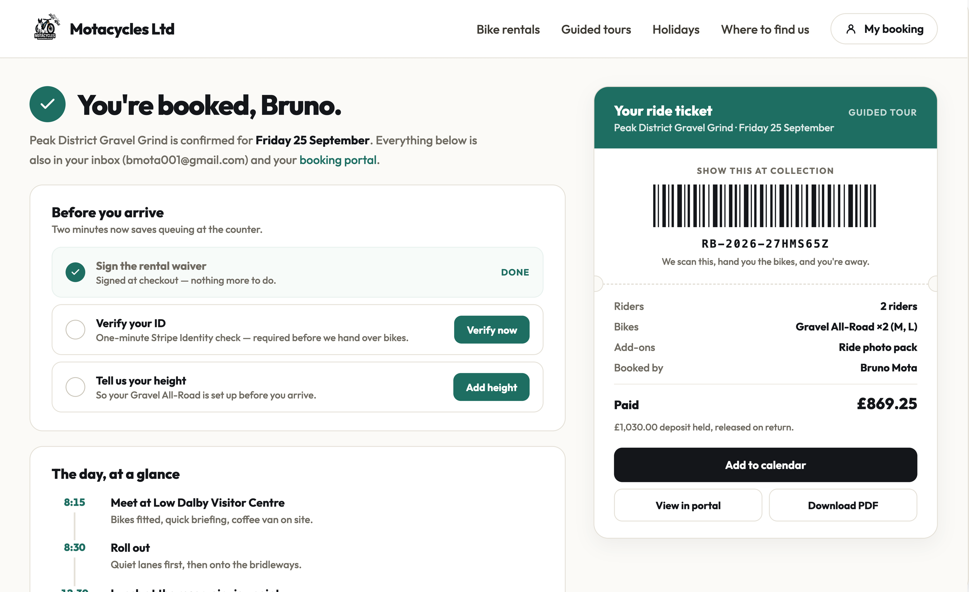 The RideLoop booking confirmation page.