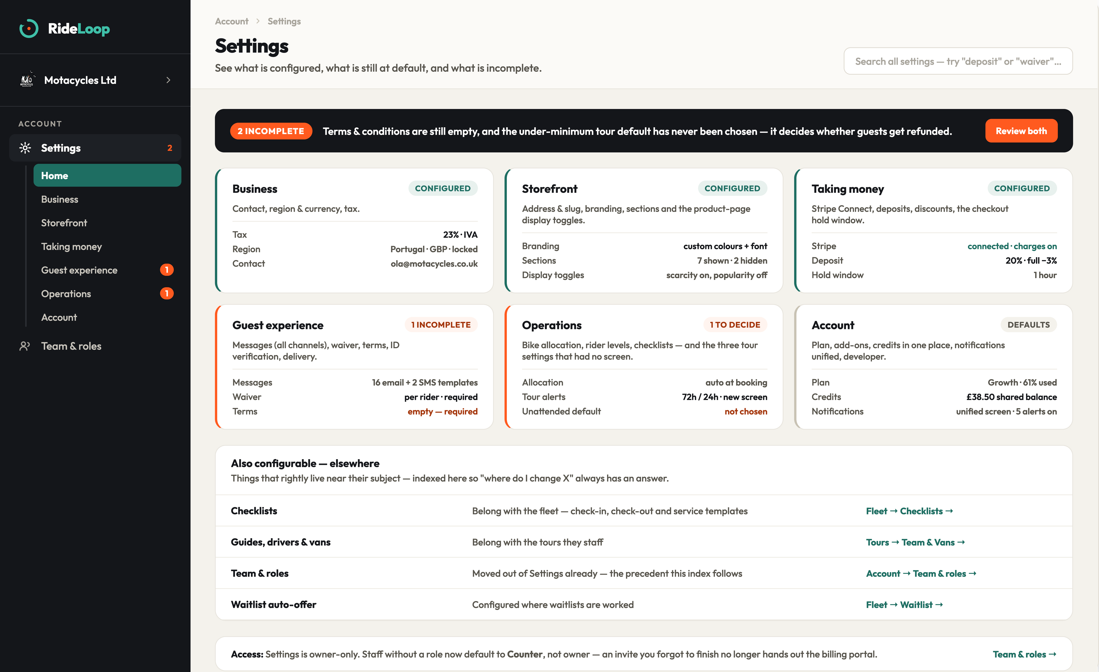 The RideLoop Settings Admin screen.